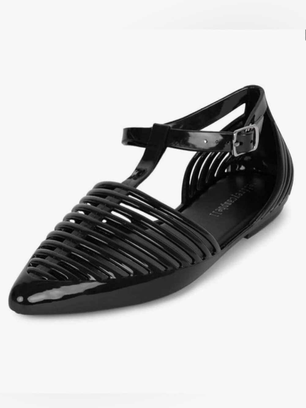 Jeffrey Campbell Squeaky Black Shiny Pointed Toe Jelly Flat with Ankle Buckle